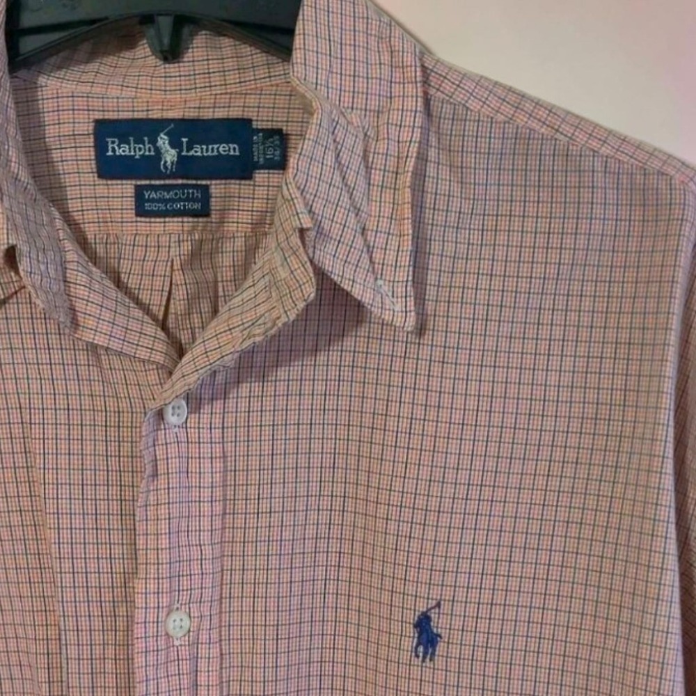 Ralph Lauren Shirt Mens Size XL 16 1/2 Plaid Check Button Up Red Blue